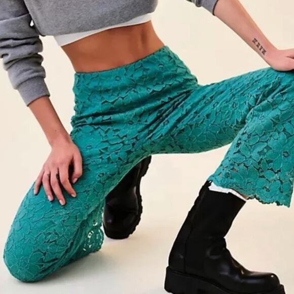 Free People Teal Lace Cropped Pants - Picture 2 of 7
